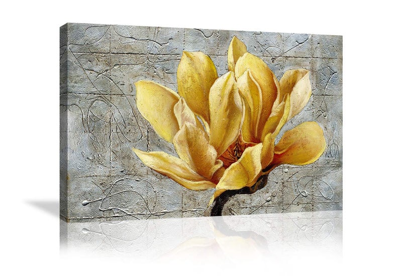 Urttiiyy Yellow Grey Flower Wall Art Abstract Gray Background Print on Canvas Home Decor Decal Pictures Poster for Bedroom Living Room Printed Painting Gifts Framed Ready to Hang - 36''x24'' - Image 1